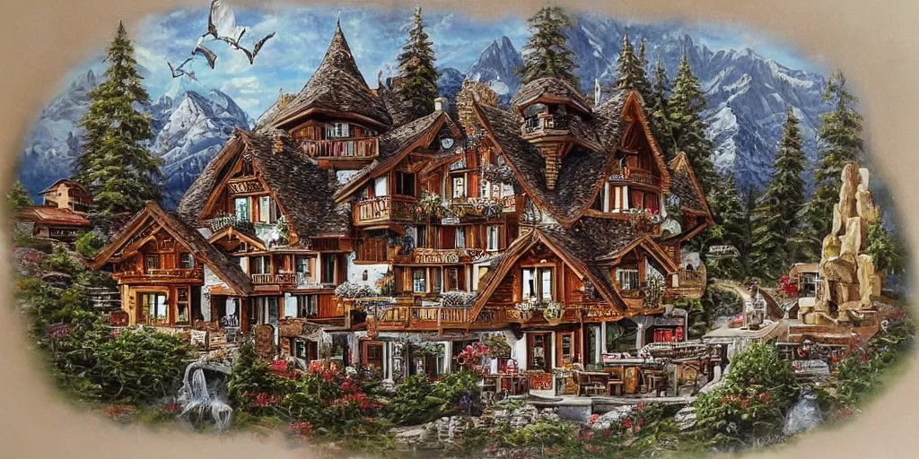 Prompt: Beautiful swiss chalet made of intricate watch parts, rolex, breitling, detailed oil painting
