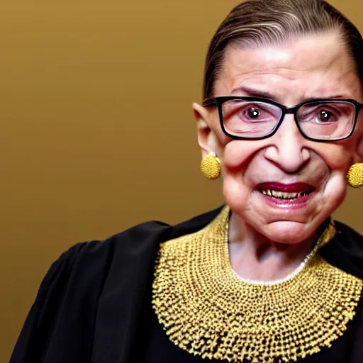 Image similar to Ruth Bader Ginsburg as a gangsta rapper wearing gold chains and grinning to show off her grills