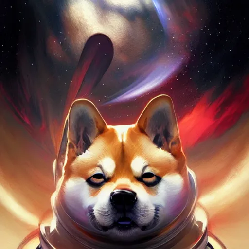 Prompt: Portrait of shiba inu in space, D&D, red eyes, face, dark fantasy, intricate, elegant, highly detailed, digital painting, artstation, concept art, smooth, sharp focus, illustration, art by artgerm and greg rutkowski and alphonse mucha