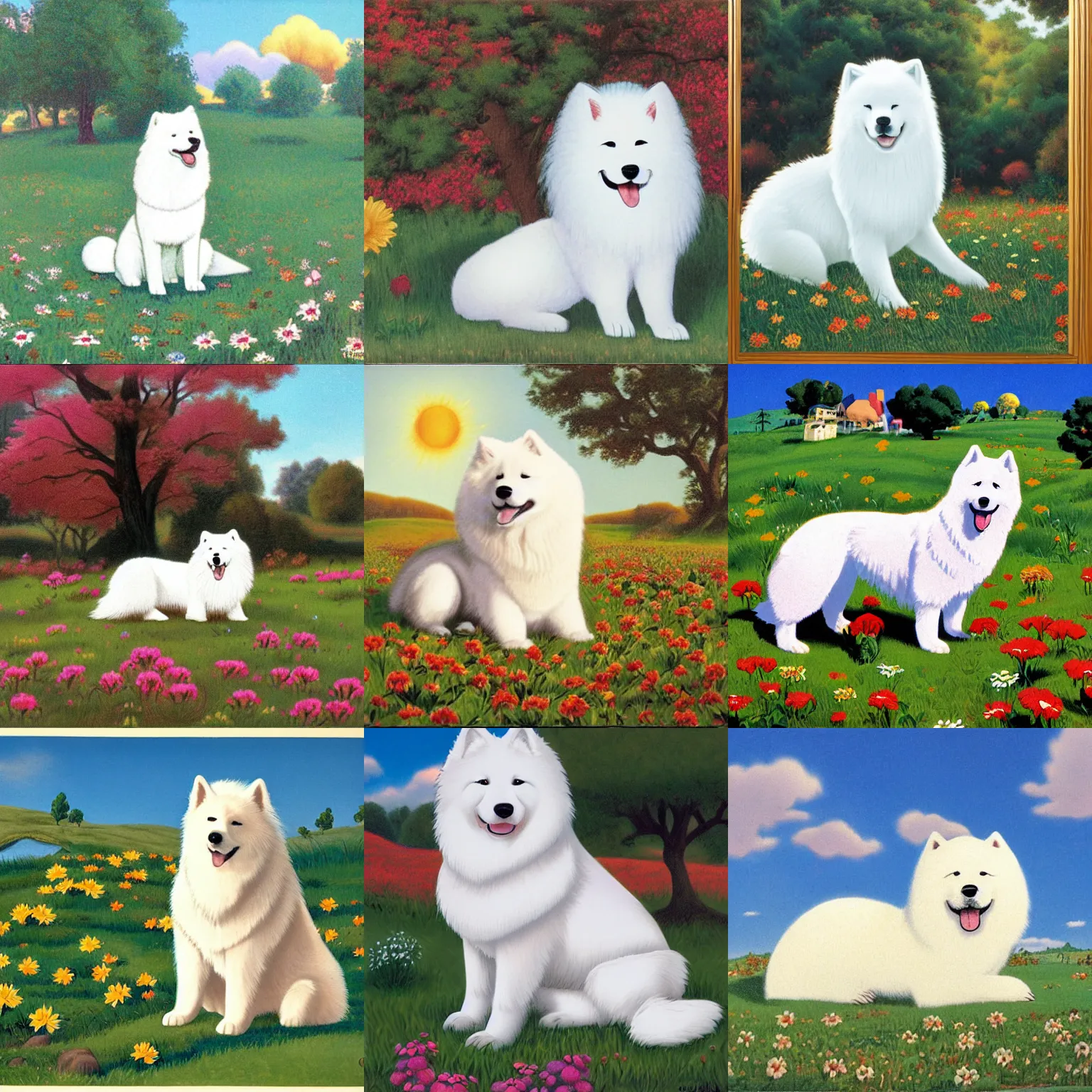 Prompt: a samoyed dog sitting in the middle of sunny meadow, by Carl Barks