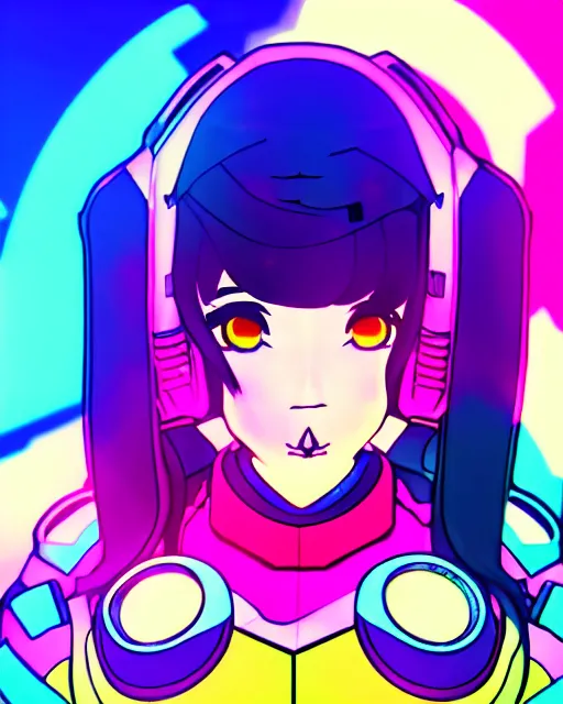 Image similar to chromatic aberration, drawing of d. va from overwatch, retro, vintage, cool, unique, interesting, original, vhs quality, adult swim, graphic