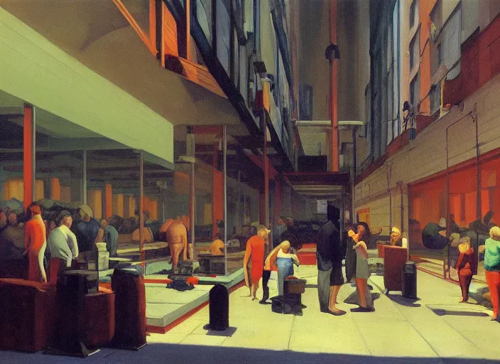 Image similar to crowd of fat people in Amazon fulfillment flooded warehouse Edward Hopper and James Gilleard, Zdzislaw Beksinski, highly detailed