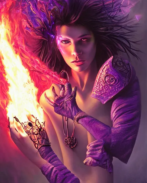 Prompt: pyromancer witch cover in purple flames, deep pyro colors, purple laser lighting, award winning photograph, radiant flares, realism, lens flare, intricate, various refining methods, micro macro autofocus, evil realm magic painting vibes, hyperrealistic painting by michael komarck - daniel dos santos