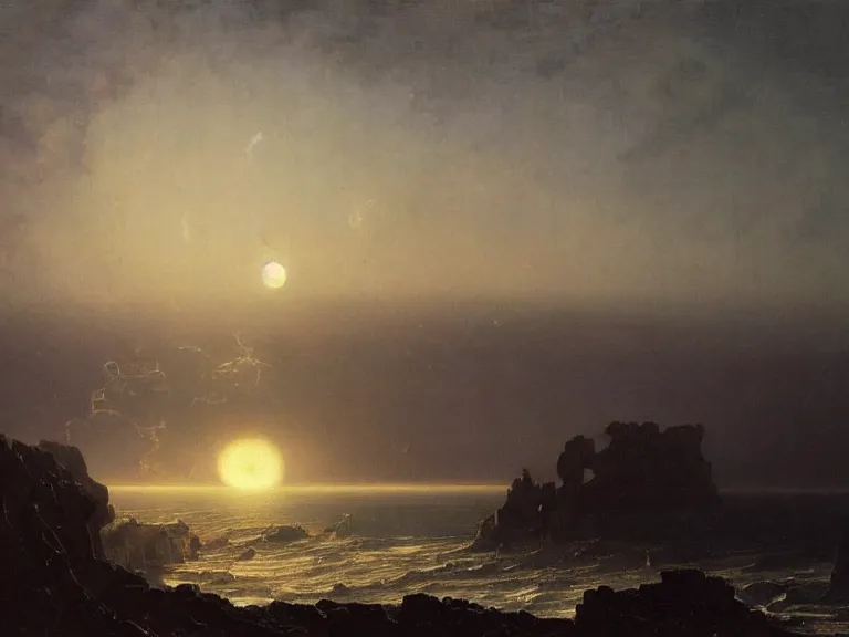 Image similar to an oil painting of an alien planet and the coastline of a black ocean at dawn, beautiful sky by beksinski carl spitzweg and tuomas korpi. baroque elements, full-length view. baroque element. intricate artwork by caravaggio. Trending on artstation. 8k