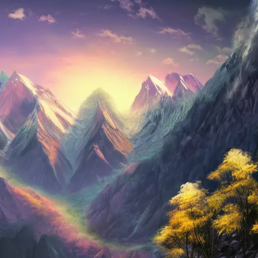 Prompt: majestic mountains with lilac forests, deep dream, digital art, concept art, detailed, amazing back ground, art station, matte painting, 3 d 4 k