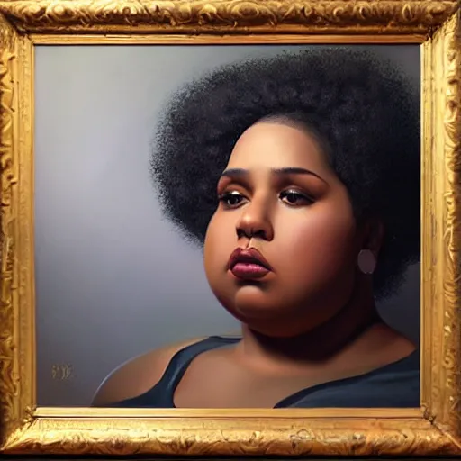 Image similar to beautiful oil painting of a fat mixed woman with an afro, beautiful eyes, artstation, volumetric lights, highly detailed, concept art, sharp focus, beautiful face