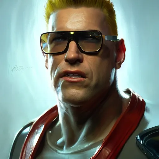 Image similar to close up portrait of duke nukem, backlit, painted by stanley lau, painted by greg rutkowski, painted by stanley artgerm, masterpiece, digital art, trending on artstation