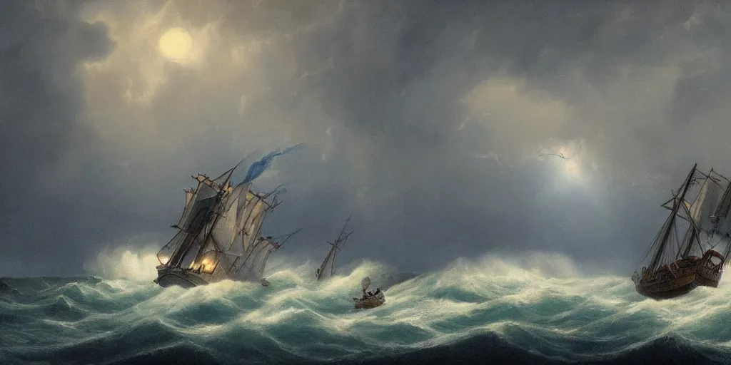 Image similar to a sail powered pirateship sailing through a powerful lighting storm, cliffs can be seen in the background, in the style of hudson river school, trending on art station, done in all blues