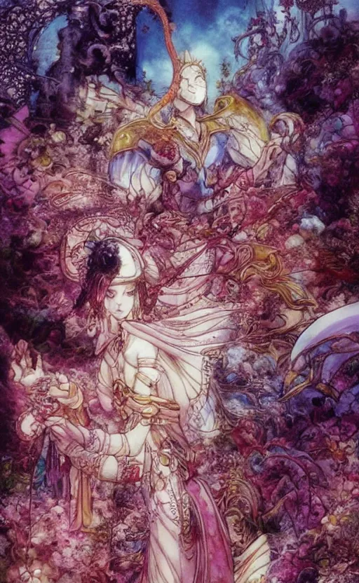 Image similar to lush, dreamlike animation still based on the art of yoshitaka amano ( final fantasy ) from 1 0 0 1 nights ( 1 9 9 8 ), dir. mike smith, hyperion studio