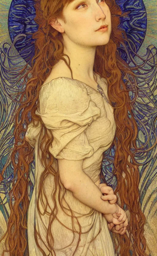 Image similar to detailed realistic beautiful young medieval queen face portrait by jean delville, alphonse mucha, vincent van gogh, and marco mazzoni, art nouveau, symbolist, visionary, gothic, pre - raphaelite