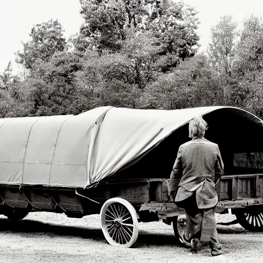 Image similar to a monochromatic sepia photograph of a delorean in a group of covered wagons,