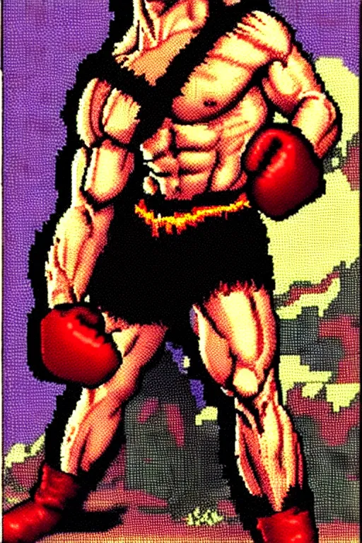 Image similar to extreme long shot. 8 bit nes graphics. antropomorphic muscular masculine wolf. kickboxer fighter, in shorts. wolf head. furr on body. art from nes game cartridge