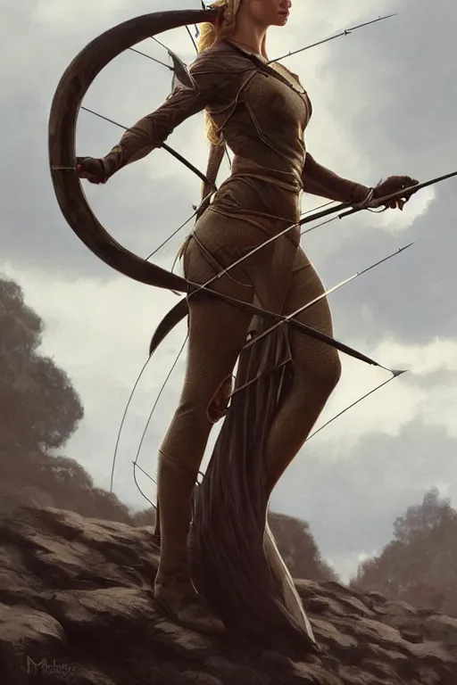 Prompt: portrait of margot robbie as an elven archer, dark, piercing eyes, gentle expression, elegant clothing, photorealistic, highly detailed, artstation, smooth, sharp focus, art by michael whelan, artgerm, greg rutkowski and alphonse mucha