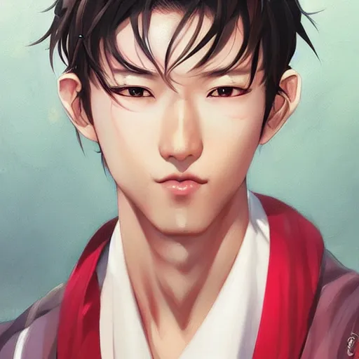 Prompt: A realistic anime portrait of a handsome japanese with a human face wearing a kimono, digital painting, by Stanley Artgerm Lau, WLOP, and Rossdraws, digtial painting, trending on ArtStation, deviantart