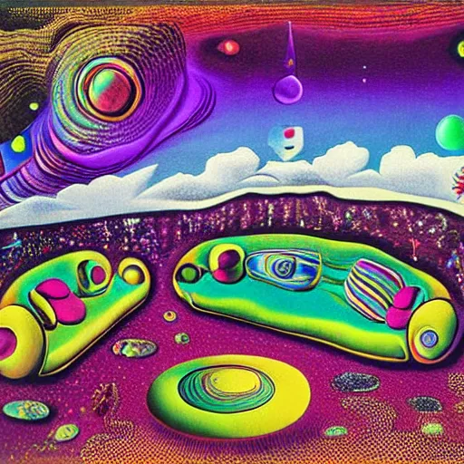 Prompt: psychedelic trippy couch in forest, planets, milky way, sofa, cartoon by salvador dali