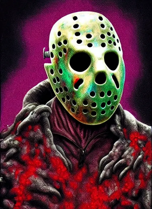 Prompt: hyper detailed 3d render like a Oil painting - Jason Voorhees (Friday the 13th part IV) seen Eating of the Strangling network of yellowcake aerochrome and milky Fruit and his rotten Hands hold a gleaming, bloody, machete that he swings through the gossamer polyp blossoms bring iridescent fungal flowers whose spores black the foolish stars by Jacek Yerka, Mariusz Lewandowski, Houdini algorithmic generative render, Abstract brush strokes, Masterpiece, Edward Hopper and James Gilleard, Zdzislaw Beksinski, Mark Ryden, Wolfgang Lettl, hints of Yayoi Kasuma, octane render, 8k