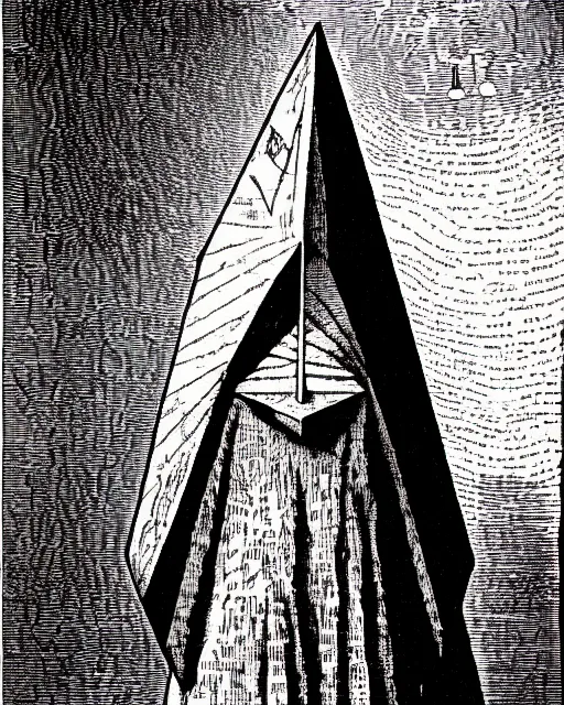 Prompt: illustration of pyramidhead from the dictionarre infernal, etching by louis le breton, 1 8 6 9, 1 2 0 0 dpi scan