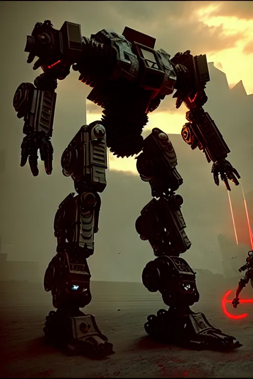 Image similar to a cinematic still from ruin city, full body red mech, armored core, intact humanoid servo, octane render, nvidia raytracing demo, masterpiece, aged armor plating, decipticon armor plating, aggressive head, endoekeleton exposure