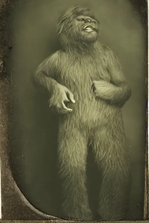 Image similar to a tintype photograph of bigfoot smiling