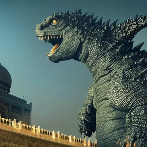 Prompt: godzilla near taj mahal, majestic, breathtaking, film still from godzilla 2 0 1 4, 8 k, unreal engine 5 rendering, hyper realistic, global illumination, radiant lighting, clear image, intricate environment