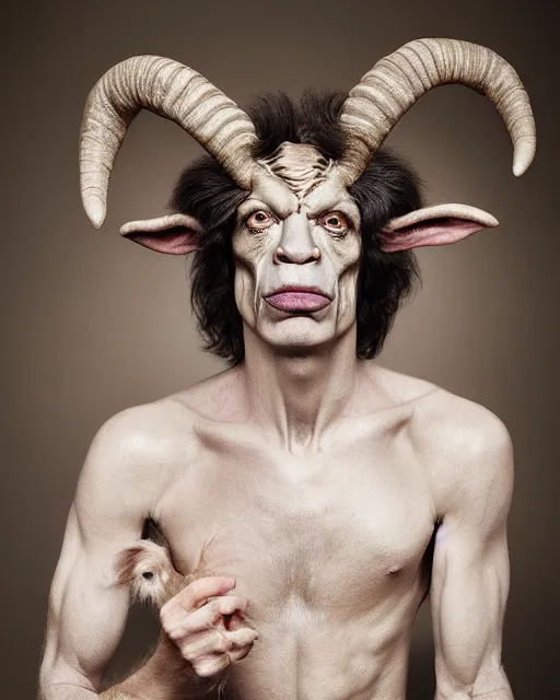 Image similar to actor Mick Jagger in Elaborate Pan Satyr Goat Man Makeup and prosthetics with large goat ears designed by Rick Baker, Hyperreal, Head Shots Photographed in the Style of Annie Leibovitz, Studio Lighting