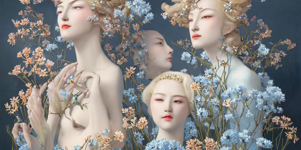 Image similar to breathtaking detailed concept art painting art deco pattern of blonde faces goddesses amalmation light - blue flowers with anxious piercing eyes and blend of flowers and birds, by hsiao - ron cheng and john james audubon, bizarre compositions, exquisite detail, extremely moody lighting, 8 k