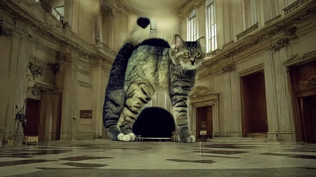 Image similar to the giant cat in city hall, film still from the movie directed by denis villeneuve and david cronenberg with art direction by salvador dali, wide lens