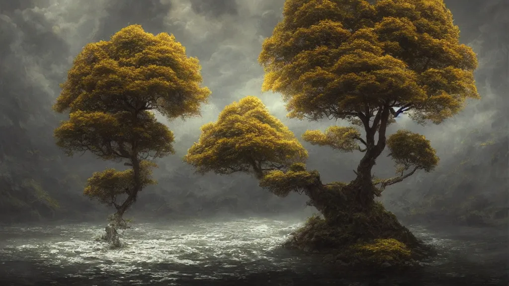 Prompt: A beautiful, highly detailed, very realistic oil painting of a single cloud tree with lots of cloud shaped leaves, next to a small river made of pure gold in the middle of a huge, very dark cave, with lots of dark grey rocks, oil painting by Greg Rutkowski.