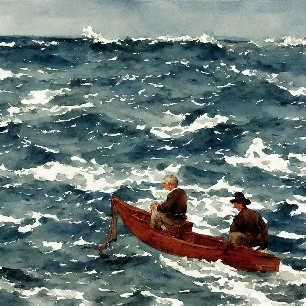 Prompt: The old man and the sea, watercolor by Winslow Homer