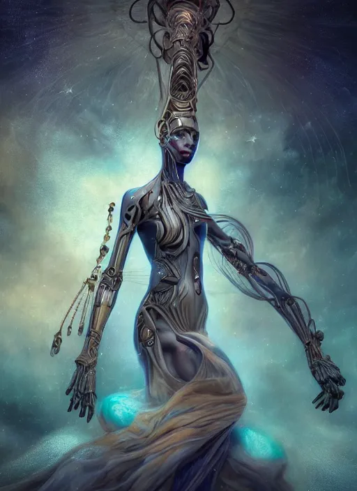 Image similar to epic portrait of menacing and proud yet stunningly beautiful biomechanical djinn overseeing the iridescent fabric of the universe, by charlie bowater, mandy jurgens, gustav klimt, octane render, dramatic camera angle, 4k, 8k, high detail, HDR, by tom bagshaw, powerful, with inspiration from Beksinski, inspired by greek goddess Athena