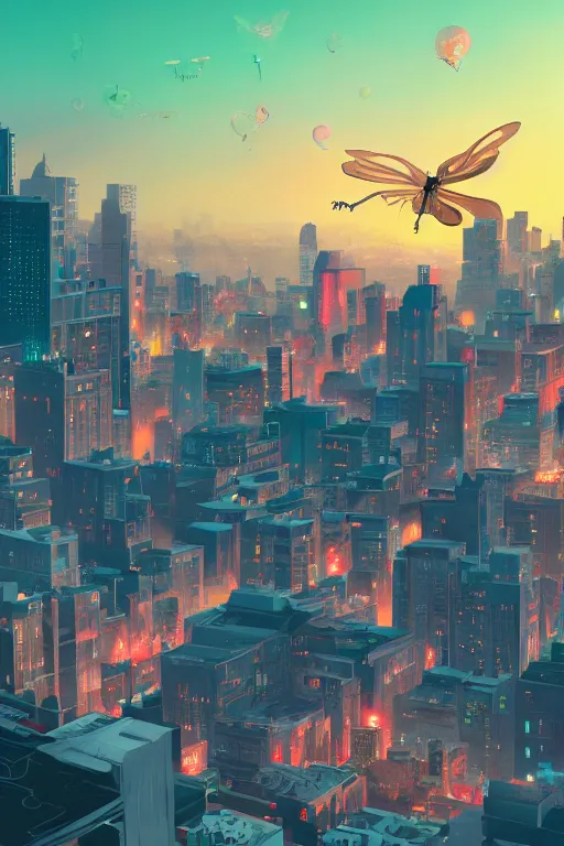 Prompt: A city on a giant DJ mixer shape artwork by Tomer Hanuka Rendering with an giant dragonfly flying over it. full of details, by Makoto Shinkai and thomas kinkade, Matte painting, trending on artstation and unreal engine