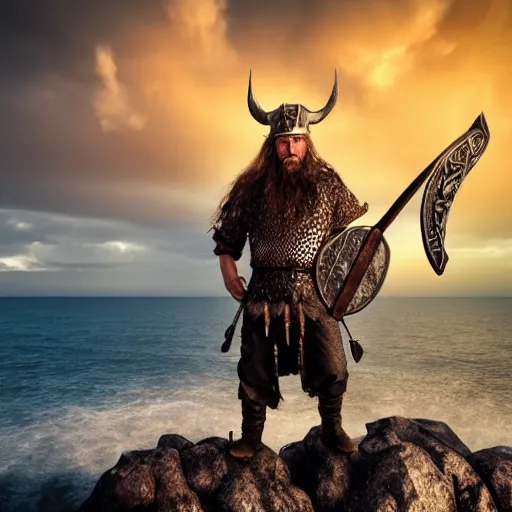 Image similar to a viking wearing a heavy metal and also make the face look good the viking is standing on a cliff the background is a huge sea interact with the lighting photo - realistic 4 k