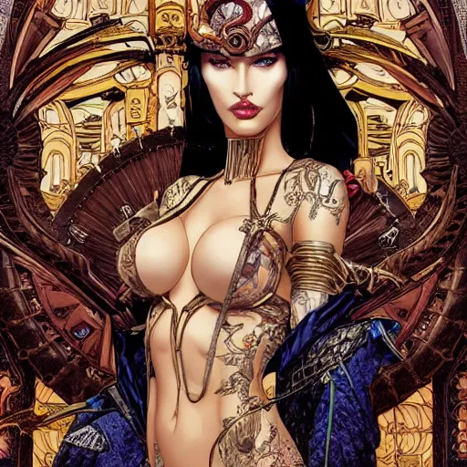 Prompt: portrait of megan fox wearing venetian mask and clothes, symmetrical, by yoichi hatakenaka, masamune shirow, moebius and dan mumford, ayami kojima, takato yamamoto, barclay shaw, karol bak, yukito kishiro, mucha