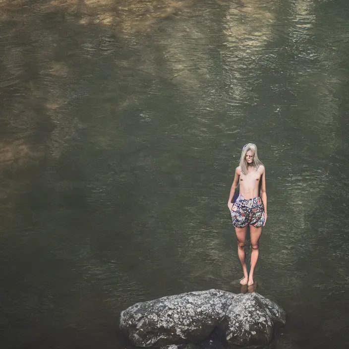 Prompt: a woman, standing in a river, backlit, wearing shorts, backlit, photo by Marat Safin, Canon EOS R3, f/1.4, ISO 200, 1/160s, 8K, RAW, unedited, symmetrical balance, in-frame