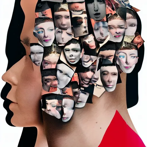 Image similar to a head-shaped chaotic collage made out of fragments of printed images taken from the internet, fashion magazines, and family photographs all coming together to form a hybrid face shape with twisted features in the Dadaesque style, mixed media