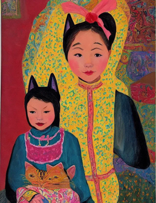 Prompt: central asian woman with cat ears, wearing a lovely dress. this oil painting by the beloved children's book author has impeccable lighting, an interesting color scheme and intricate details.