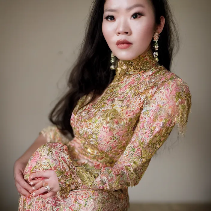 Prompt: portrait of Dinar Candy wearing Kebaya, by Charlotte Grimm, natural light, detailed face, CANON Eos C300, ƒ1.8, 35mm, 8K, medium-format print