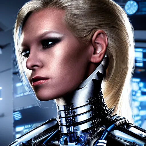 Prompt: panorama of a very pretty blond borg queen on a borg ship, cybernetic implants, perfect face, symmetrical face, moody lighting, shallow depth of field,