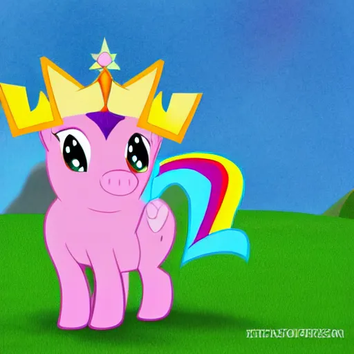 Prompt: walking pig wearing a crown in the style of my little pony cartoon