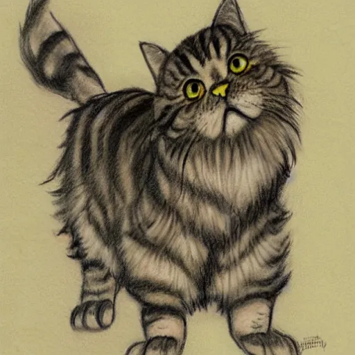 Image similar to extra fluffy humanoid Persian tabby cat standing on two feet, drawing by Don Bluth, colored pencil sketch with feathery lines, drawing by Yoshitaka Amano