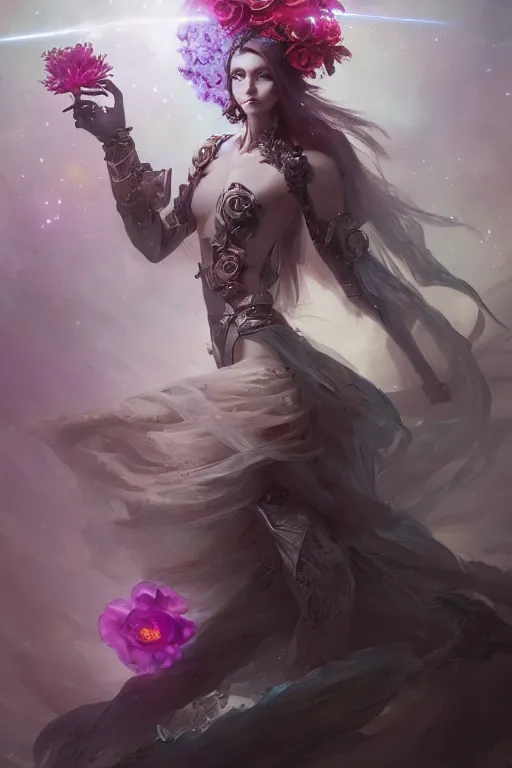 Image similar to beautiful girl necromancer covered with crystals exploding space, 3 d render, hyper realistic detailed portrait, holding magic flowers, ruan jia, wlop. scifi, fantasy, hyper detailed, octane render, concept art, peter mohrbacher