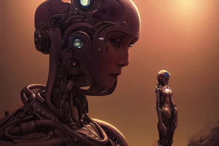 Prompt: portrait of a robot mother, intricate, dystopian, sci-fi, extremely detailed, digital painting, artstation, concept art, smooth, sharp focus, illustration, chiaroscuro lighting, incredible art by artgerm and greg rutkowski and alphonse mucha and simon stalenhag