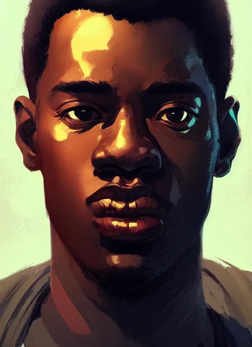 Prompt: dream highly detailed portrait of a black man looking confused, unaware of his surrounding, magnificent, photographic realistic background, by atey ghailan, by greg rutkowski, by greg tocchini, by james gilleard, by joe fenton, by kaethe butcher, trending on instagram, award winning details