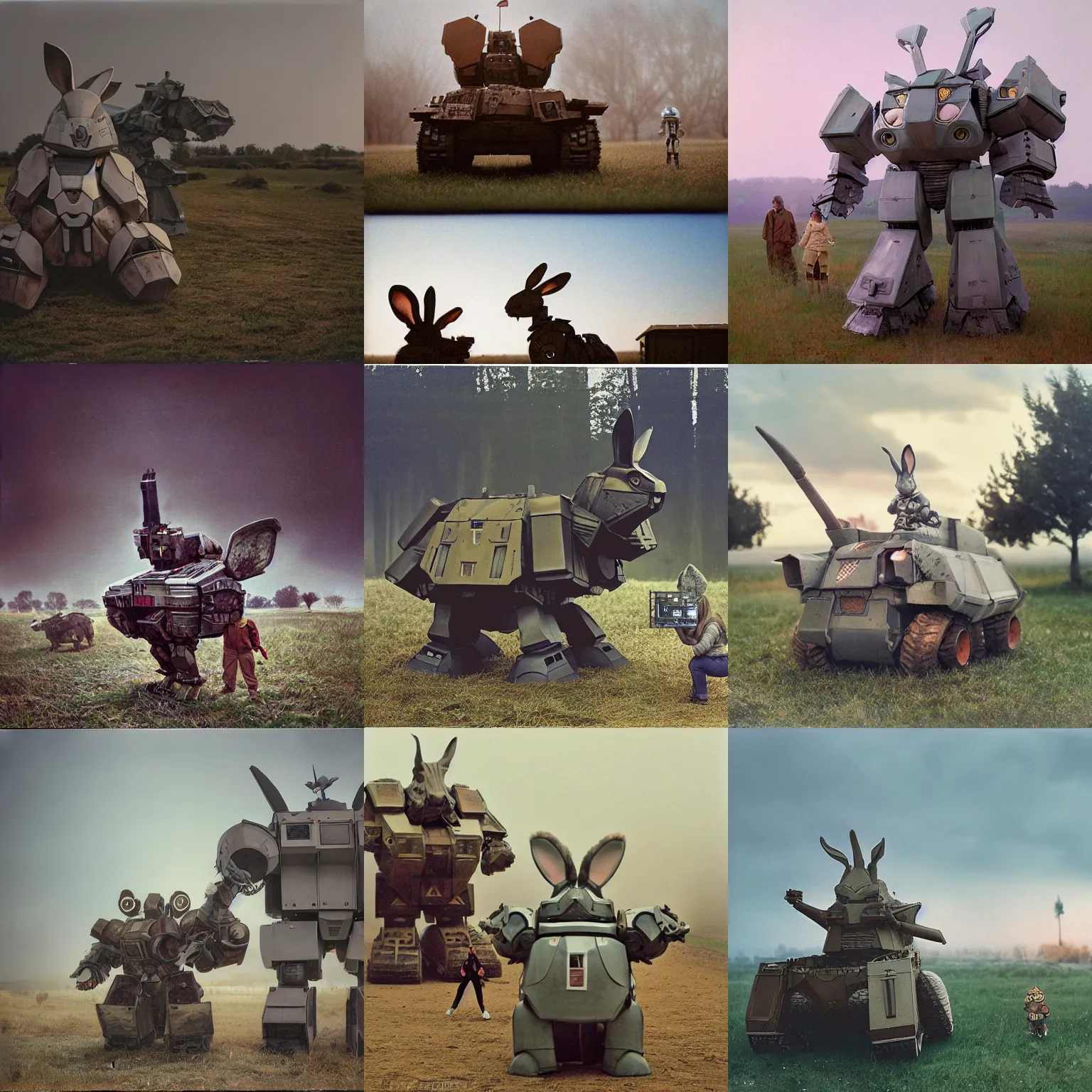 Prompt: giant oversized chubby battle armored rabbit robot mech, with big rabbit ears ,on a vilage , small horse in background, Cinematic focus, Polaroid photo, vintage, neutral colors, soft lights, foggy, panorama by Steve Hanks, by Serov Valentin, by lisa yuskavage, by Andrei Tarkovsky