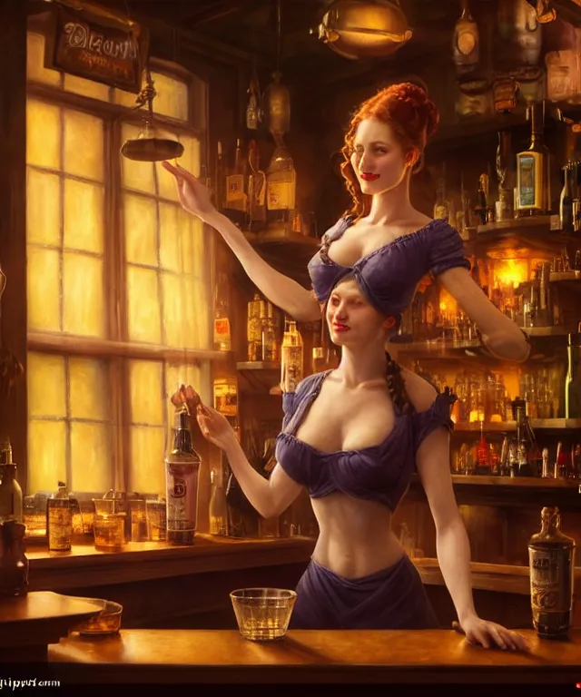 Prompt: hyperrealistic mixed media painting of a beautiful smiling charismatic barmaid, dimly lit cozy tavern, relaxed pose, stunning 3d render inspired art by Gerald Brom and Anna Dittmann + perfect facial symmetry + dim volumetric lighting, 8k octane beautifully detailed render, post-processing, extremely hyperdetailed, intricate, epic composition, grim yet sparkling atmosphere, cinematic lighting + masterpiece, trending on artstation, very very detailed, masterpiece, stunning