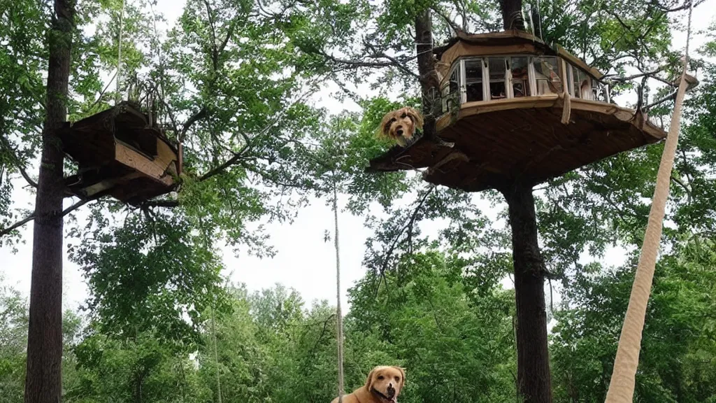 Prompt: a nice rope swing out of a tree house into the lake, and my dog did it better than all of us