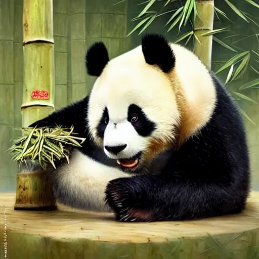 Image similar to epic portrait an fluffy panda eating bamboo, intricate, highly detailed, digital painting, artstation, concept art, smooth, sharp focus, illustration, Unreal Engine 5, 8K, art by artgerm and greg rutkowski and alphonse mucha
