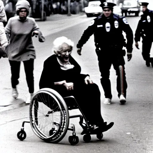 Image similar to Old woman in a wheelchair is chased by the police. photo. 1970.