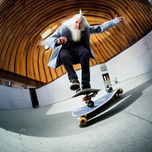 Prompt: Gandalf doing a kickflip on a skateboard, shot on a fisheye lens