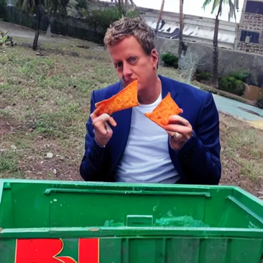 Prompt: geoff keighley eating doritos while dumpster diving